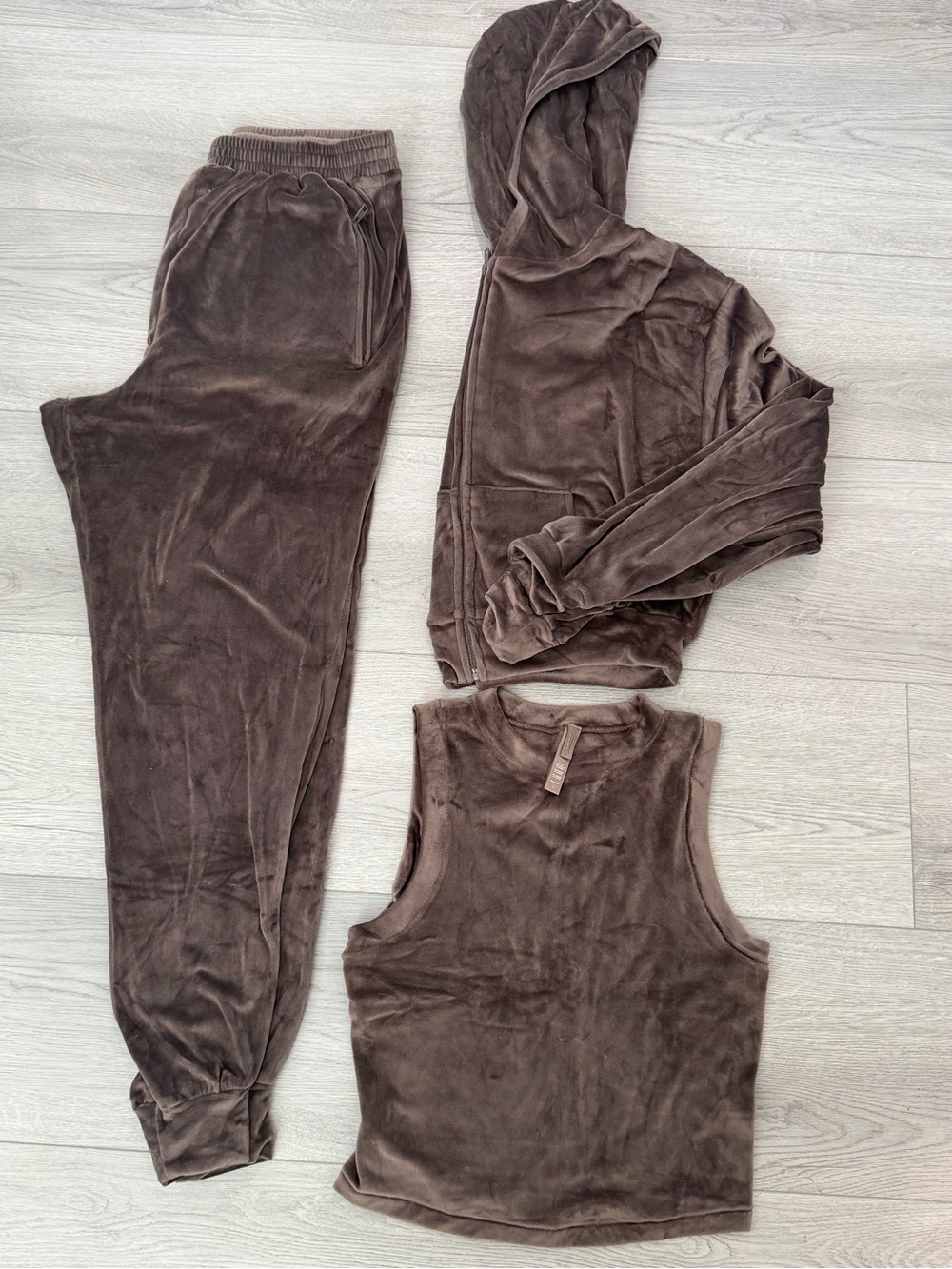 SKIMS Brown Velour Joggers, Hoodie & Tank Set